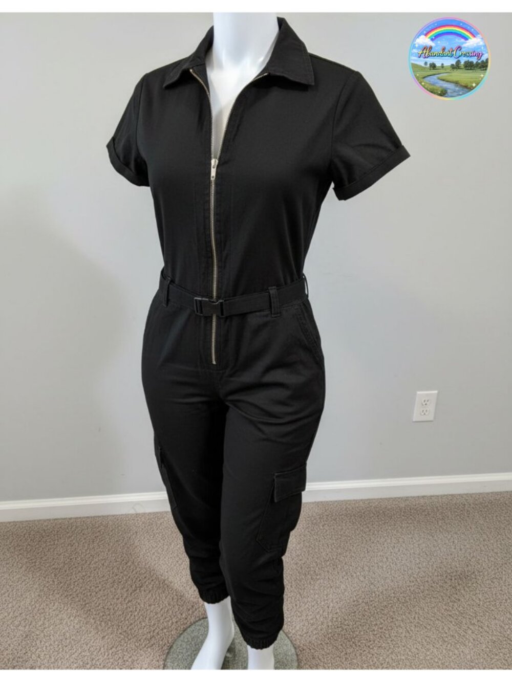 CHICME Short Sleeve Cargo Jumpsuit Zip-Up Romper Pockets